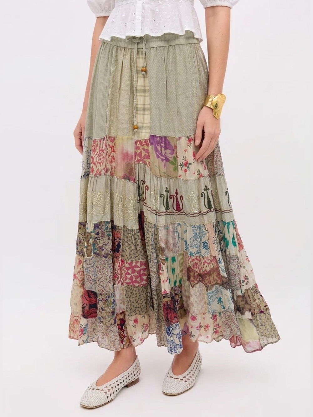 Light Sage & Multi Patchwork Tiered wide leg pants